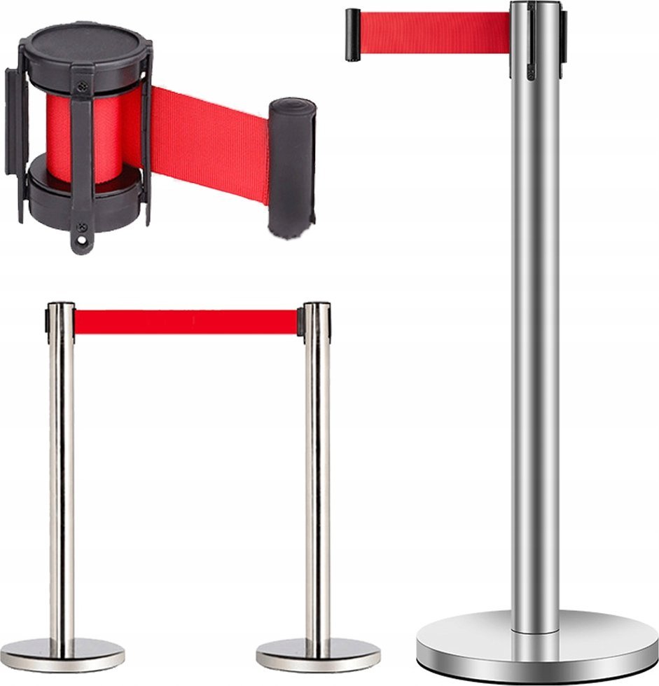 SŁUPEK ODGRADZAJĄCY Z TAŚMĄ ZWIJANĄ 2M HOTELOWY BARIERKA FOTOBUDKA CHROM