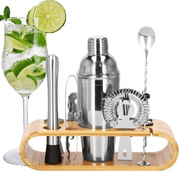 Springos Zestaw barmański 12 elementów do drinków z podstawką bambusową shaker 750 ml srebrny UNIWERSALNY