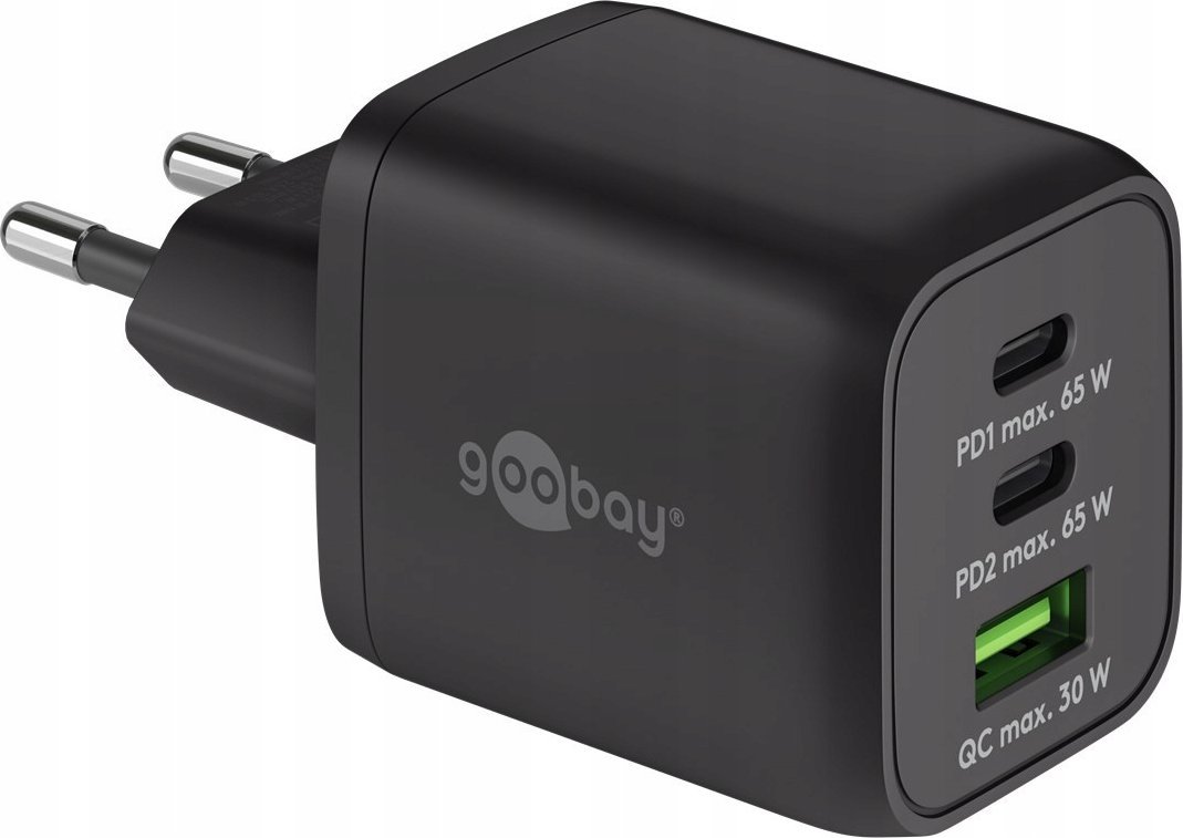 Ładowarka Goobay USB-C PD multiport fast charger Nano 65 Watt (black, 1x USB-A, 2x USB-C PD, GaN technology)