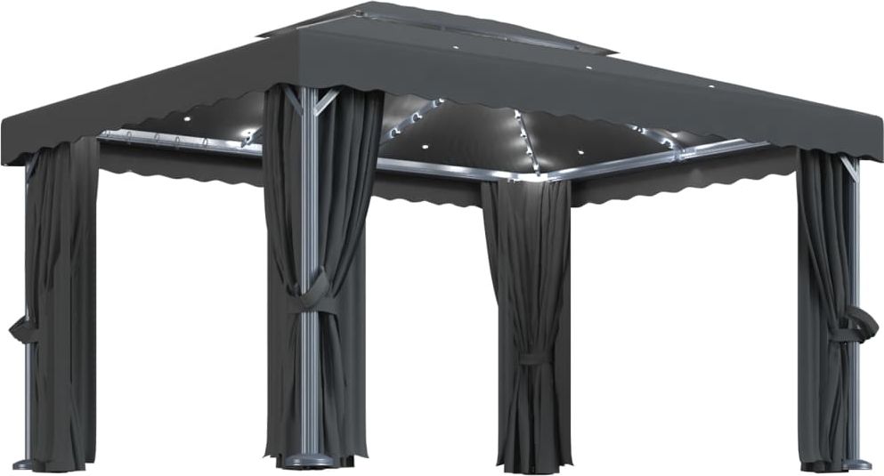 vidaXL Altana z zasłonami i sznurem lampek, 4x3 m, antracytowa