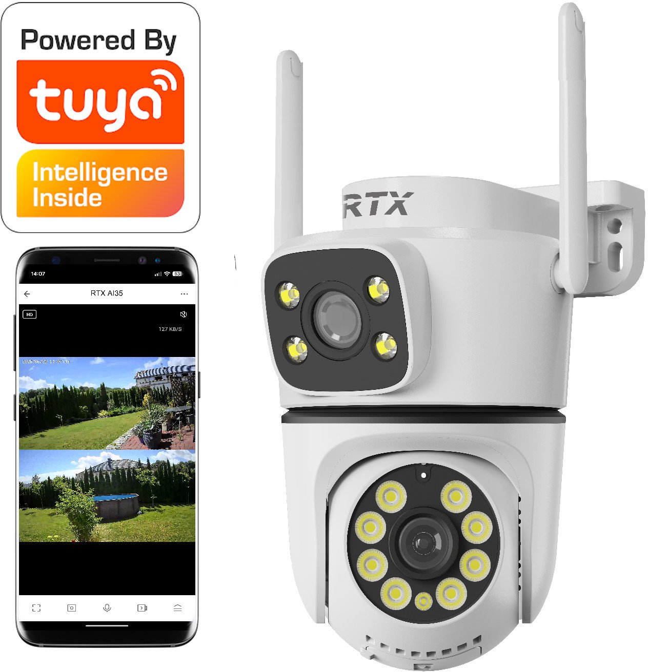 Kamera RTX IP Tuya Zewnętrzna Obrotowa 2-way Audio Zapis SD # 2 OBIEKTYWY