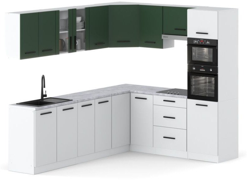 Kuchnia Marra 4.6m Narożna Duża Z Blatem Biała Butelkowa Zieleń Biała Mat