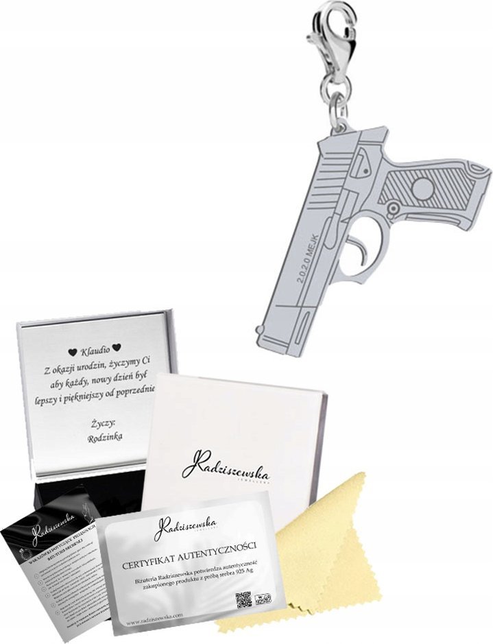Radziszewska Jewellery Charms Srebrny PISTOLET Karabińczyk Prezent Kobieta DEDYKACJA GRATIS