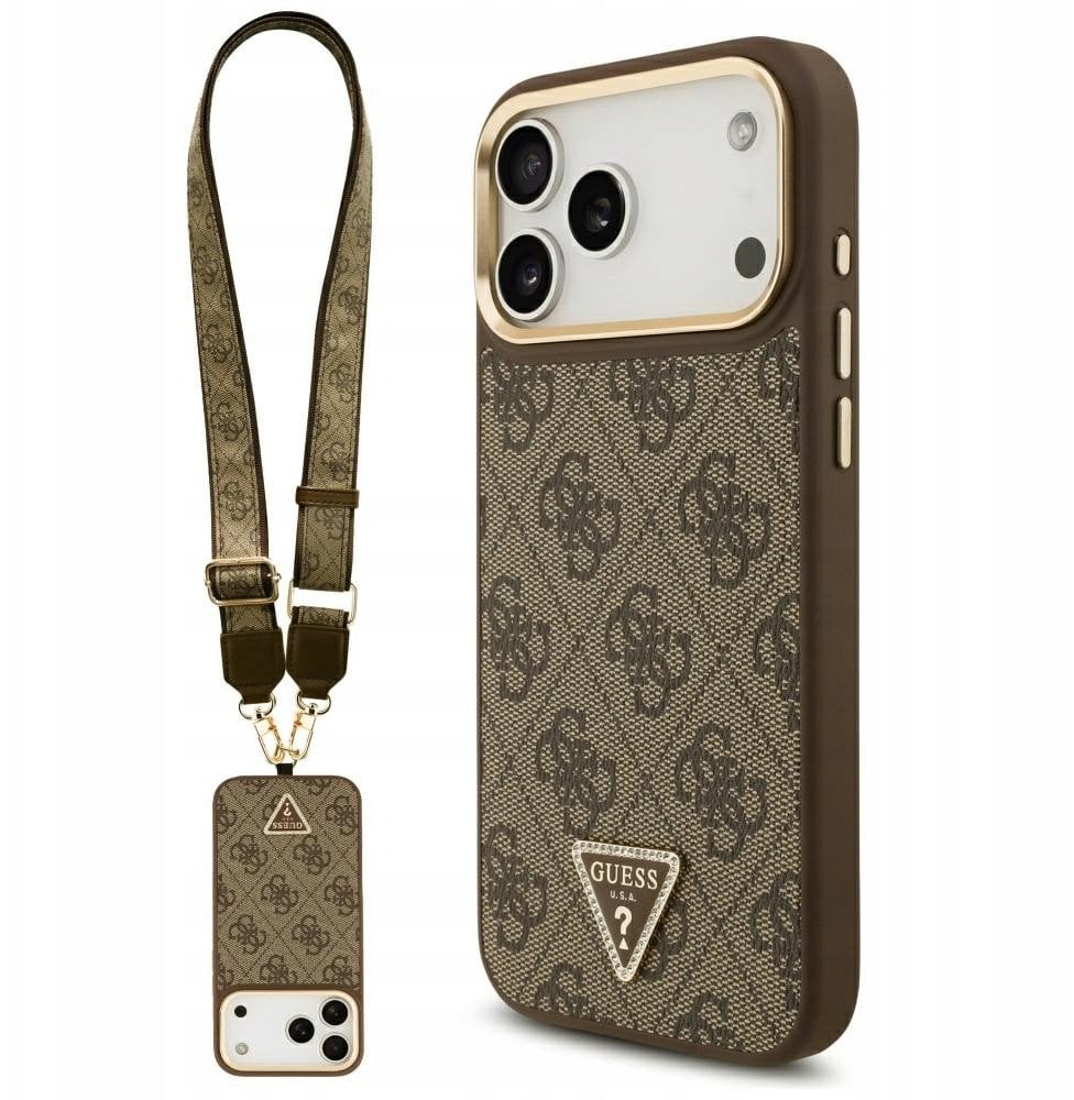Etui Guess 4G Triangle Logo & Big Strap Metal Buttons MagSafe do iPhone 17 Pro Max brązowy