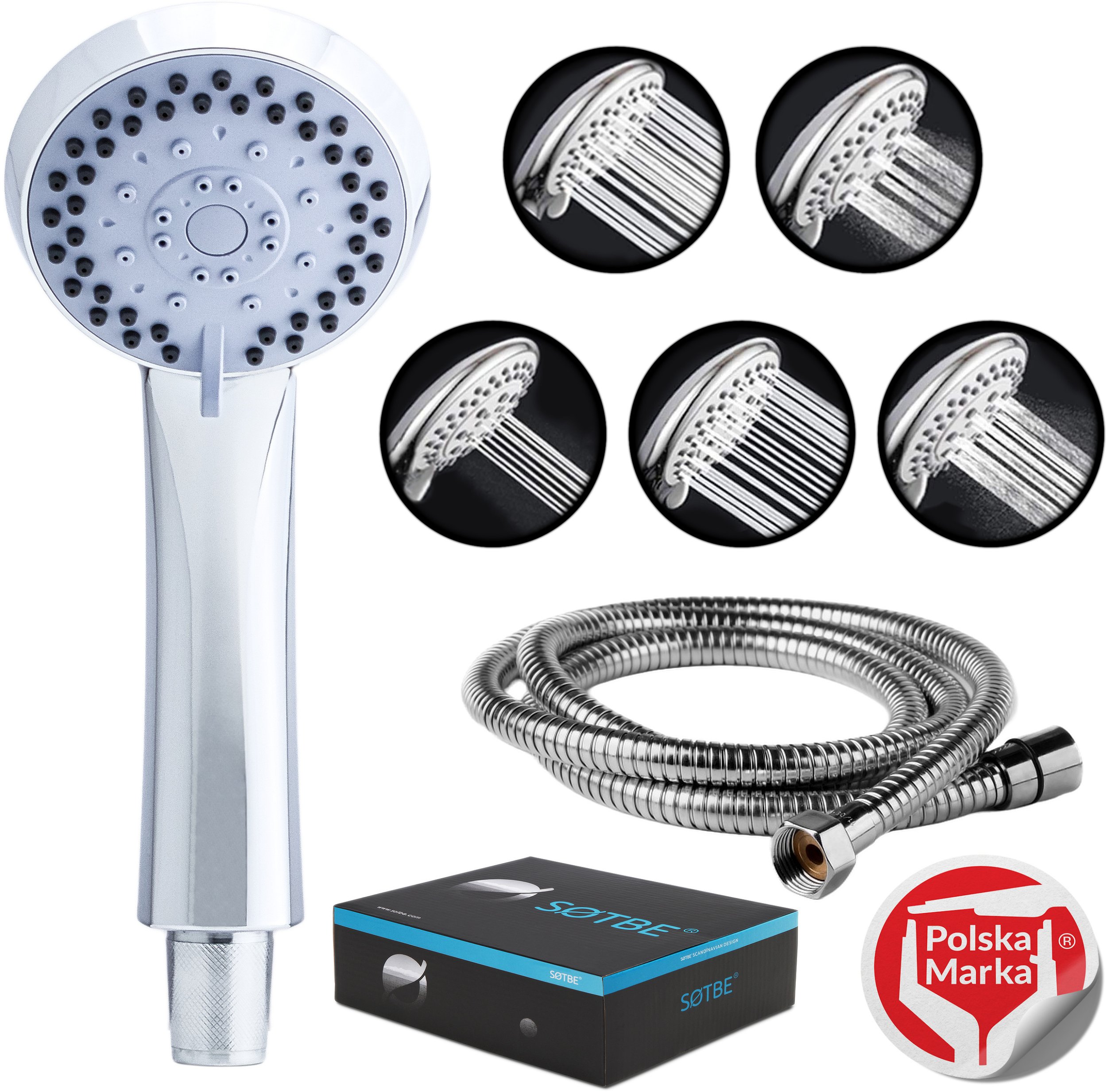 SOTBE ZESTAW Słuchawka prysznicowa 5 zakresowa z wężem