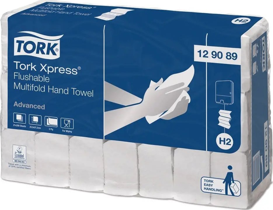 Tork Håndklædeark Tork H2 Advanced Flushable 2-lag Hvid,21 pk x 200 stk/krt