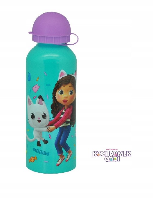 Butelka aluminiowa / bidon / korek niekapek / Koci domek Gabi / turkusowa