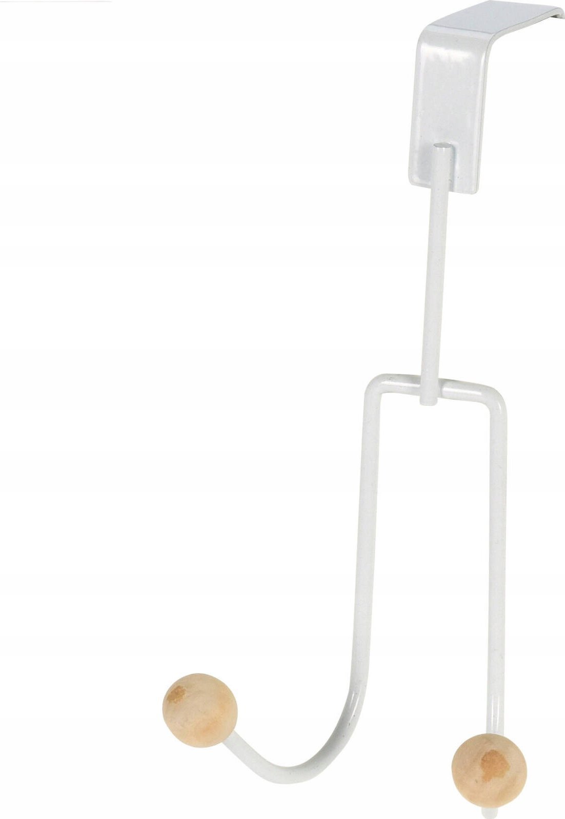 Storage Solutions Wieszak na drzwi biały, metalowy, 2 haczyki z drewnianymi gałkami, 19 x 9,5 x 10,5 cm