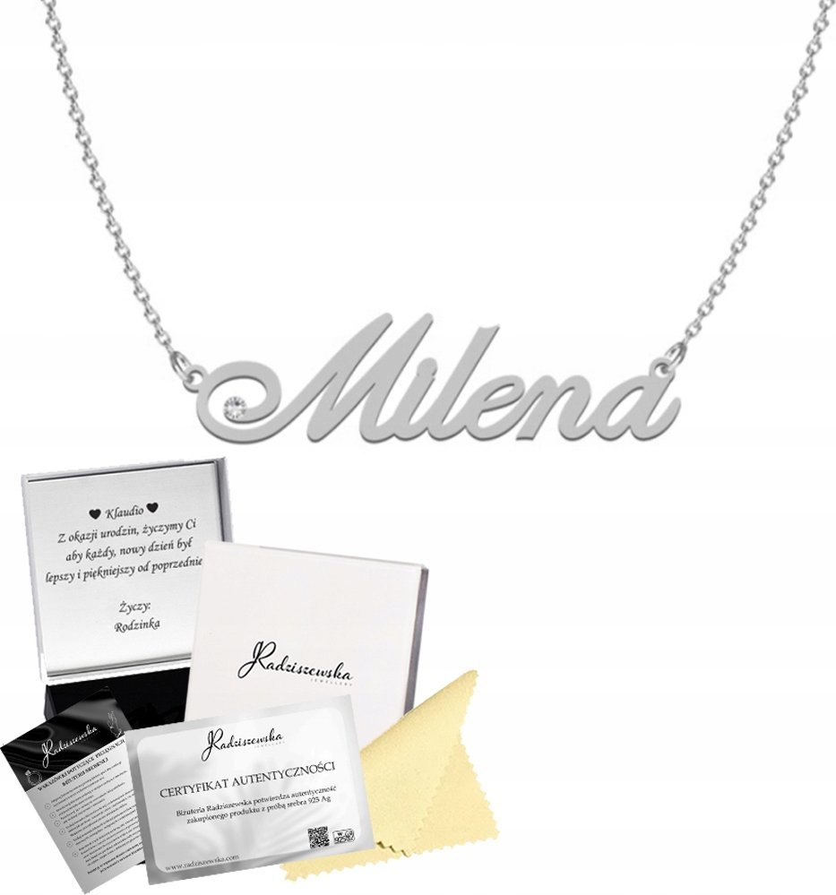 Radziszewska Jewellery Naszyjnik z imieniem MILENA Srebro 925 Łańcuszek Prezent Dedykacja Gratis