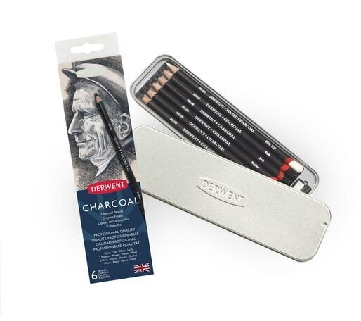 Derwent Charcoal - 6stk tin - Charcoal pencils light, medium, dark, white