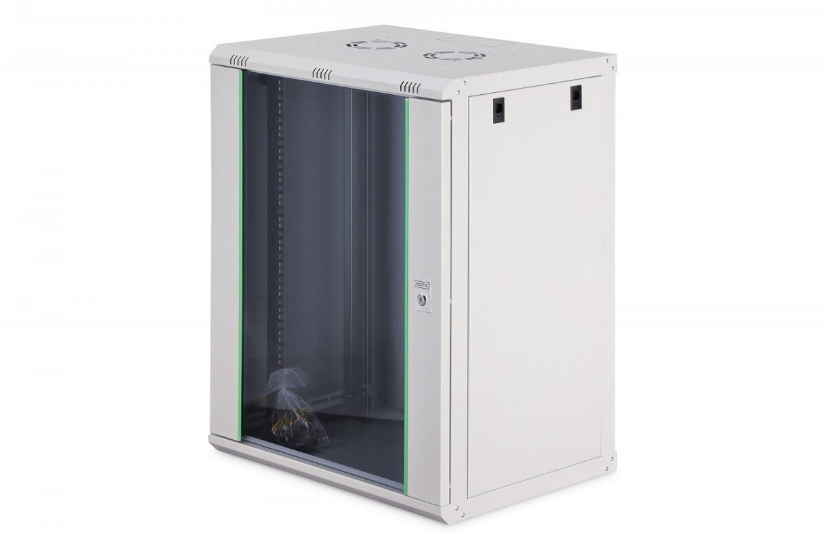 Szafa sieciowa wisząca Dynamic 19 16U rack 600x450, drzwi szyba, szary, niezłożona, 60kg