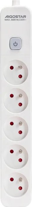 Aigostar Francuski przedłużacz 5-gniazdowy z wyłącznikiem biały Francuski przedłużacz 5-gniazdowy z wyłącznikiem biały