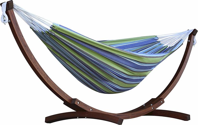 Brazilian Hamak dwuosobowy + drewniany stojak, niebiesko-zielony C8SPCT