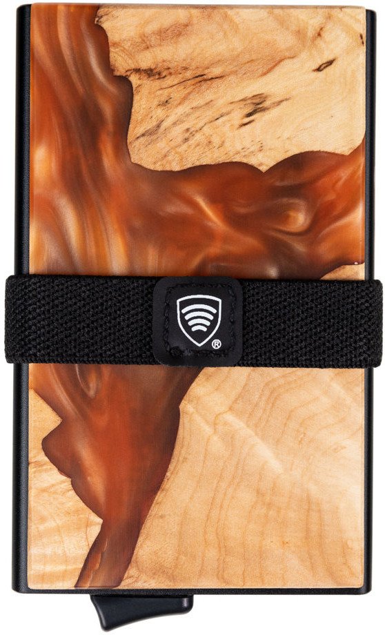 Aluminiowy portfel z wysuwanymi kartami i ochroną kart zbliżeniowych (drewno + pomarańczowa żywica) Uniwersalny