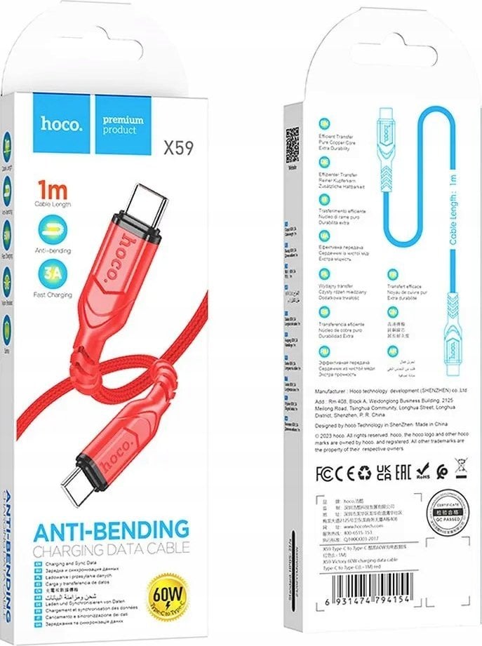 Kabel USB Hoco HOCO kabel Typ C do Typ C PD QC 3A 60W X59 1 m czerwony