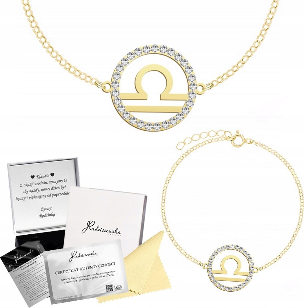 Radziszewska Jewellery BRANSOLETKA ZŁOTA ZNAK ZODIAKU WAGA KRYSZTAŁY PREZENT ŻYCZENIA GRATIS