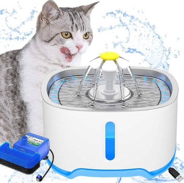 Springos Dozownik wody dla zwierząt, poidełko dla kota, psa 2,5 L podświetlana fontanna biało-niebieska UNIWERSALNY