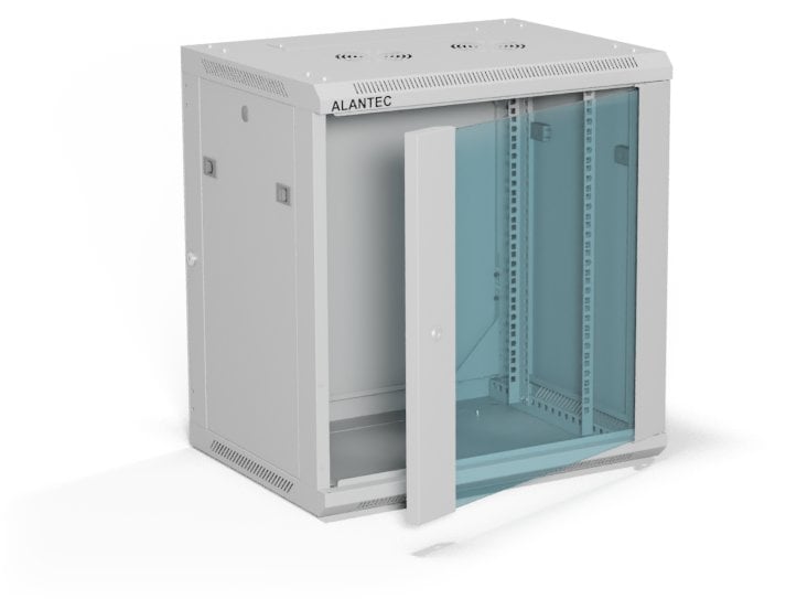 Szafa Alantec Szafa wisząca 19" 12U 600x450, drzwi szklane jednoskrzydłowe, tył osłona pełna demontowalna, osłony boczne pełne demontowalne zamykane n