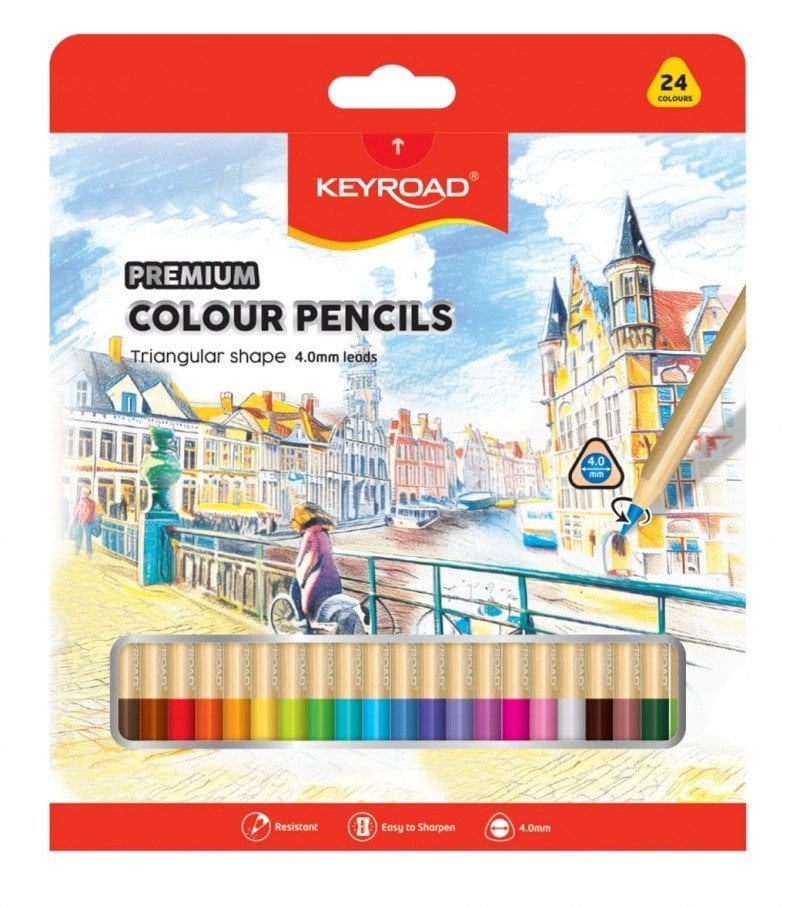 Kredki ołówkowe KEYROAD, trójkątne, 4mm, 24 szt., mix kolorów