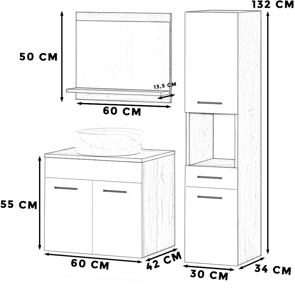 Zestaw Łazienkowy 90cm Szafka Słupek Umywalka Z Lustrem Dąb Wotan Biały