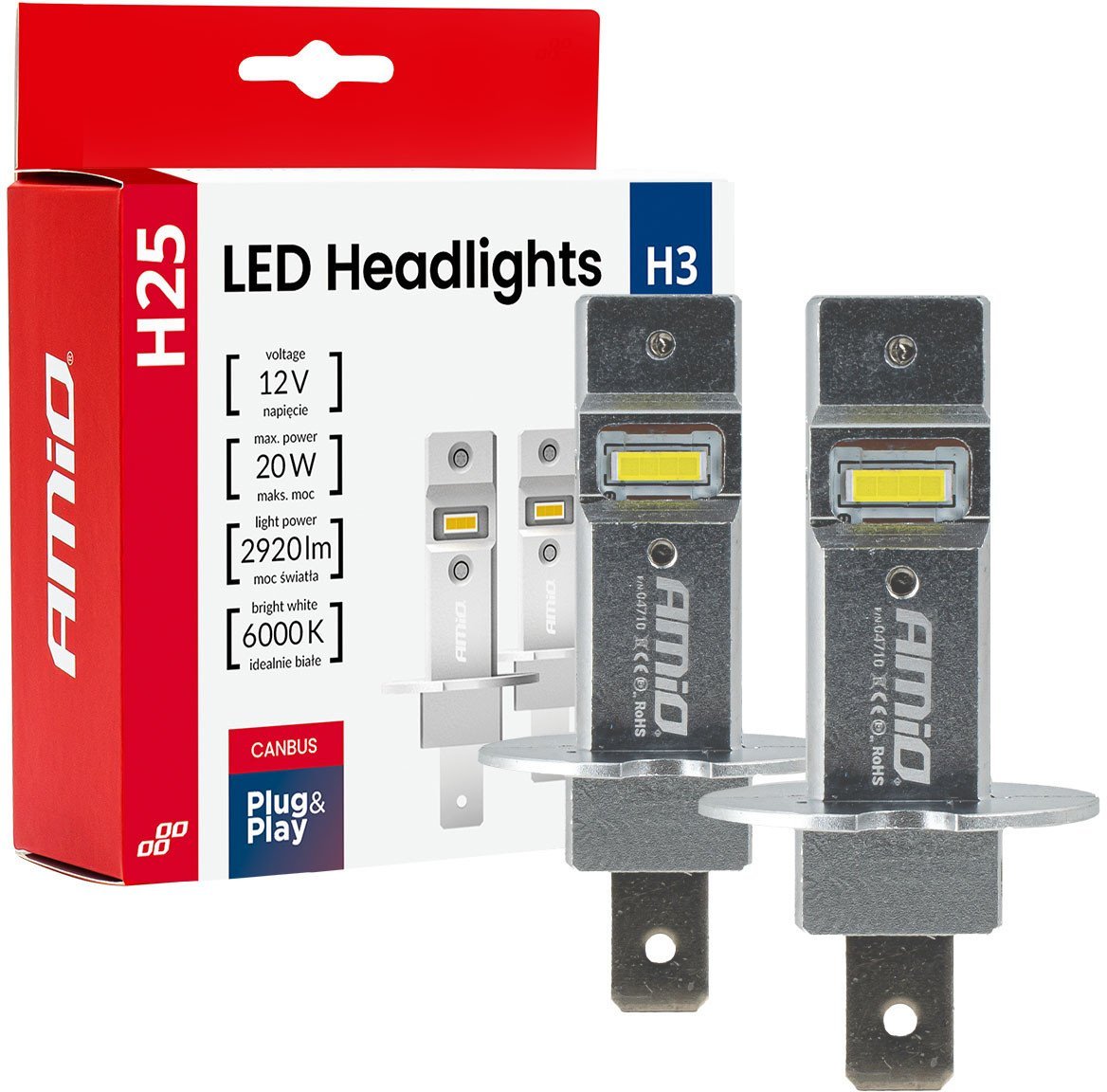 Żarówki samochodowe led seria h25 canbus h3 12v 20w amio-04710