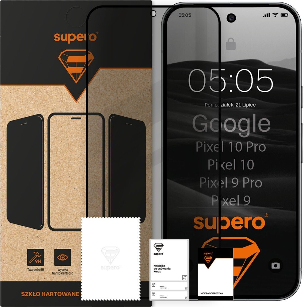 SUPERO Szkło hartowane do Google Pixel 10 / 10 Pro / 9 / 9 Pro, prywatność z czarną ramką