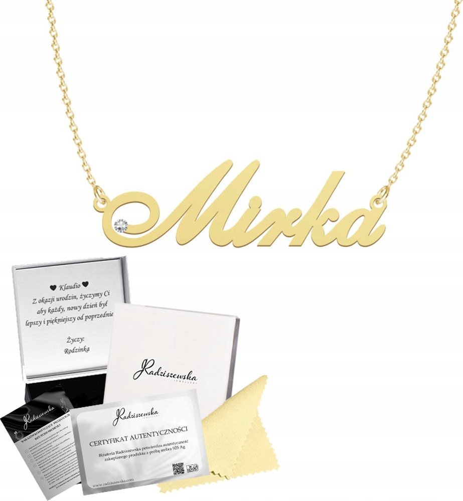 Radziszewska Jewellery Złoty Naszyjnik z imieniem MIRKA Łańcuszek SREBRO 925 Prezent Dedykacja