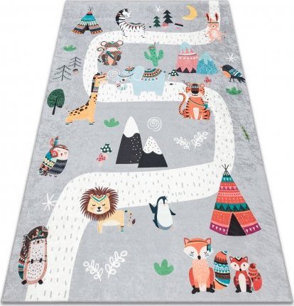 Dywany Łuszczów Dywan do prania BAMBINO 2160 Uliczki, wioska indiańska, zwierzęta dla dzieci, antypoślizgowy - szary, 120x170 cm