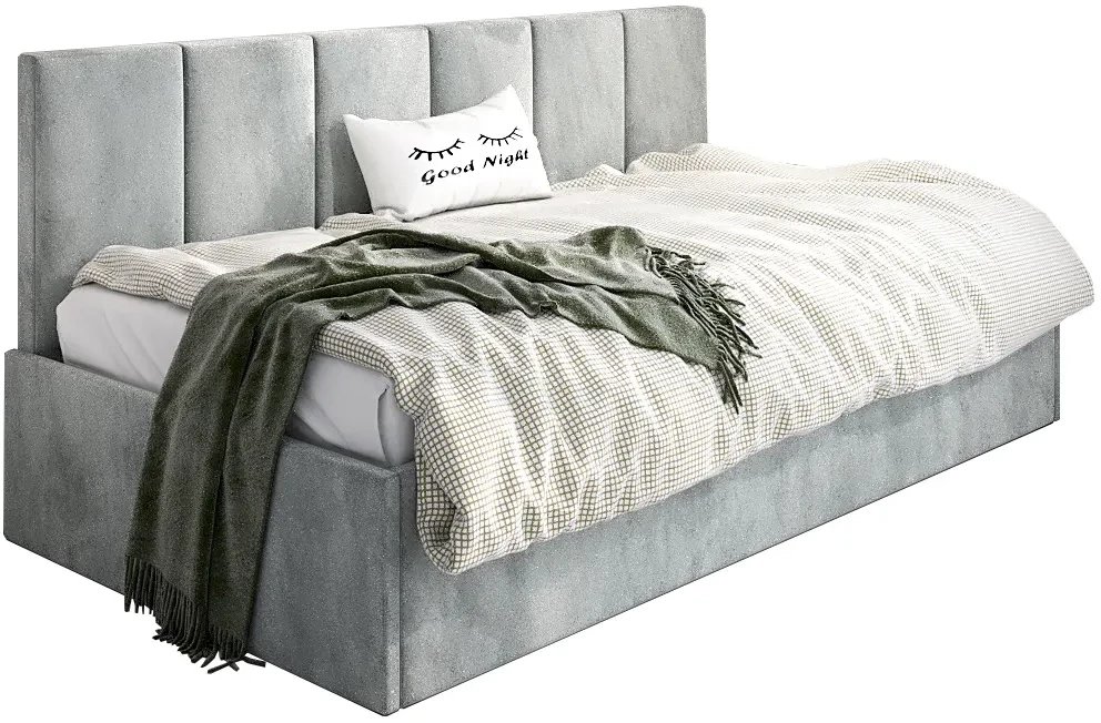Łóżko młodzieżowe SORA 90x200 jasne szare z tapicerowanym panelem i pojemnikiem na pościel MKPOL
