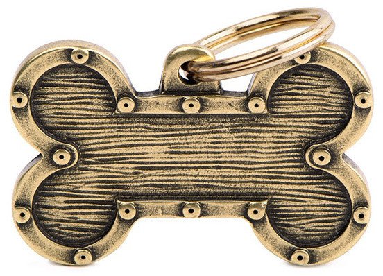 Zawieszka Adresówka Identyfikator z grawerem dla psa i kota kość mosiądz złoty z obramówką L