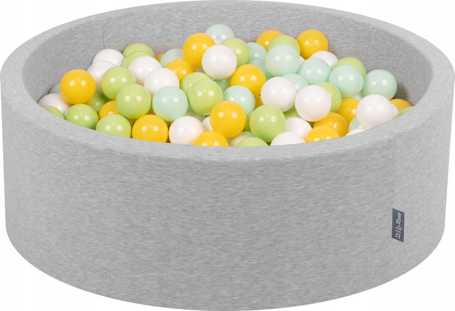KiddyMoon Suchy basen okrągły z piłeczkami 7cm jasnoszary: biały-mięta-jasny zielony-żółty 90x30cm/300piłek Zabawka basen piankowy