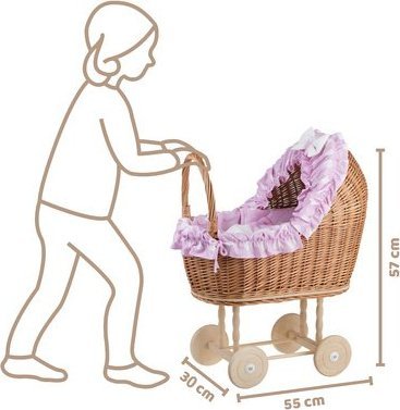 WickerPL LULU WIKLINOWY WÓZEK DLA LALEK Z POŚCIELĄ 55X33 H57 CM