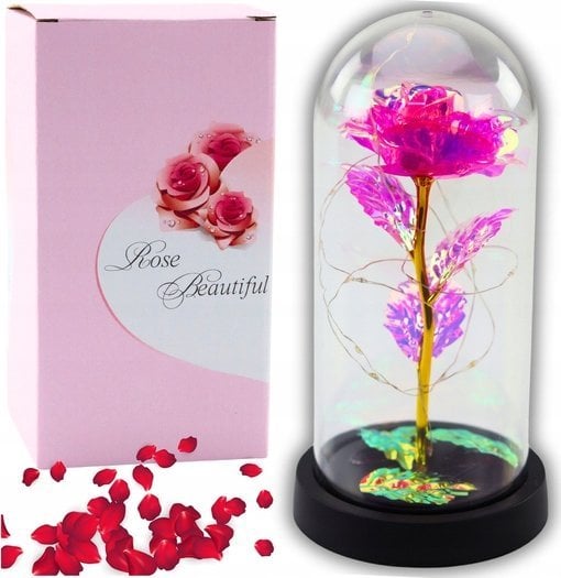 Wieczna Kryształowa Róża w Kopule z Oświetleniem LED Różowa 21x11cm