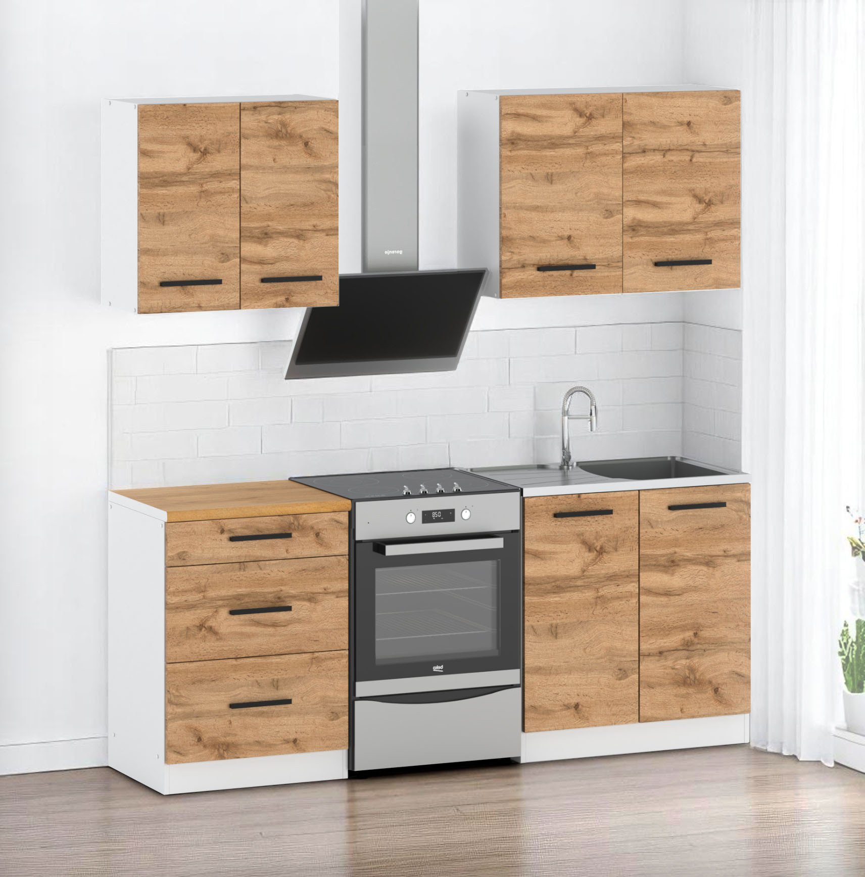 Meble Kuchenne Drewniane Modulowe Drewniane Mini Mokka 200cm Dąb Wotan