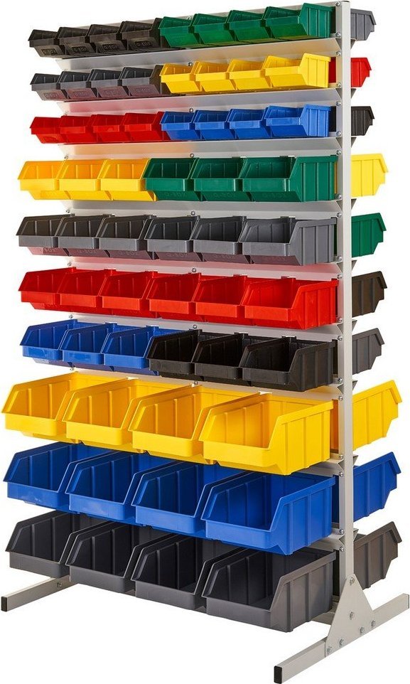 qBox Regał do pojemników warsztatowych, dwustronny. Wym: 1610x940x650mm 120 pojemników - różne (Ragał bez pojemników)