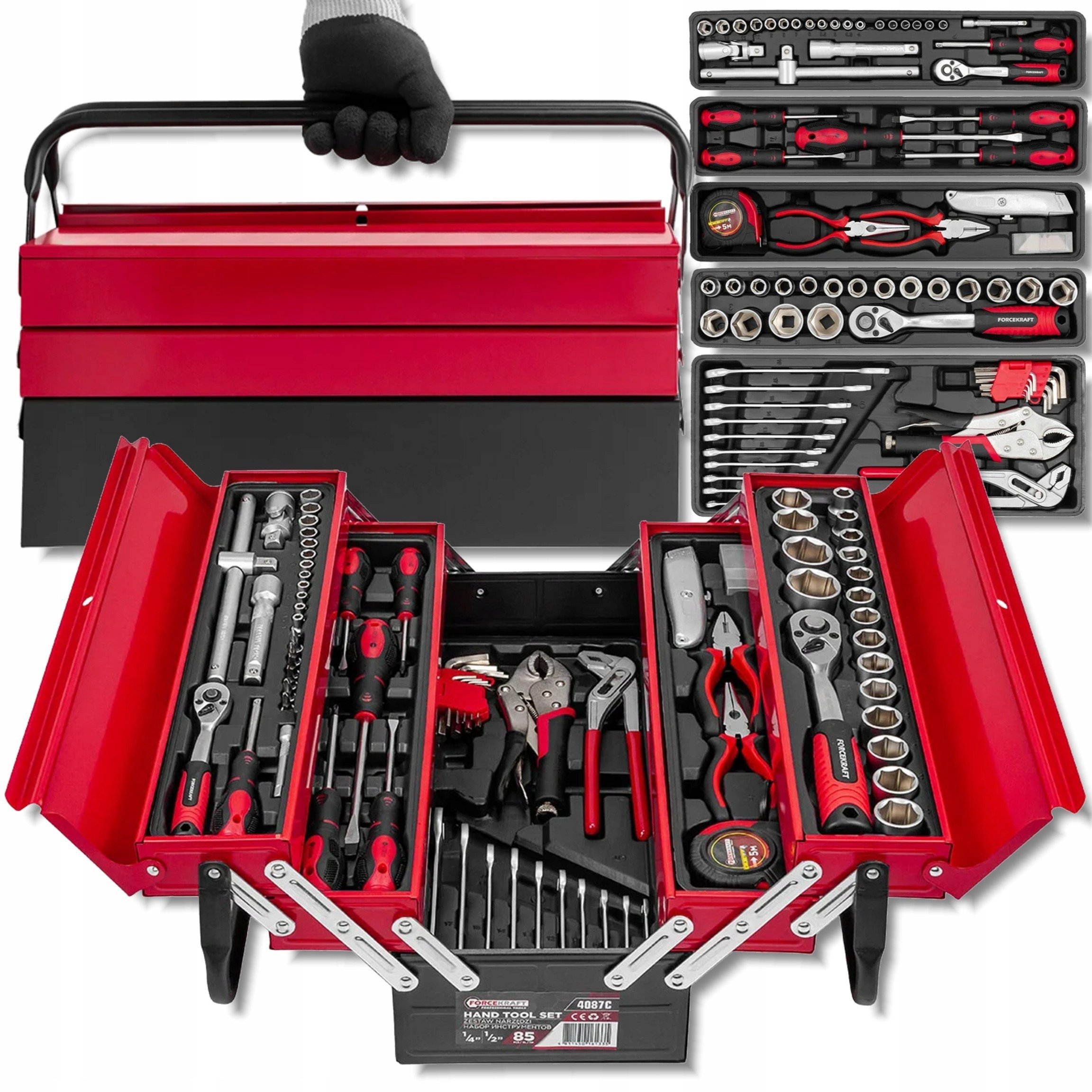 Skrzynka narzędziowa, metalowa z zestawem narzędzi 85el.