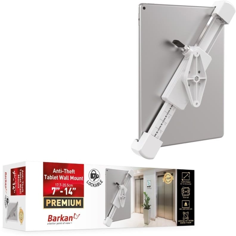 Uchwyt na Tablet 7-14 z Blokadą na Zamek Ścienny Obrotowy 360 Biały