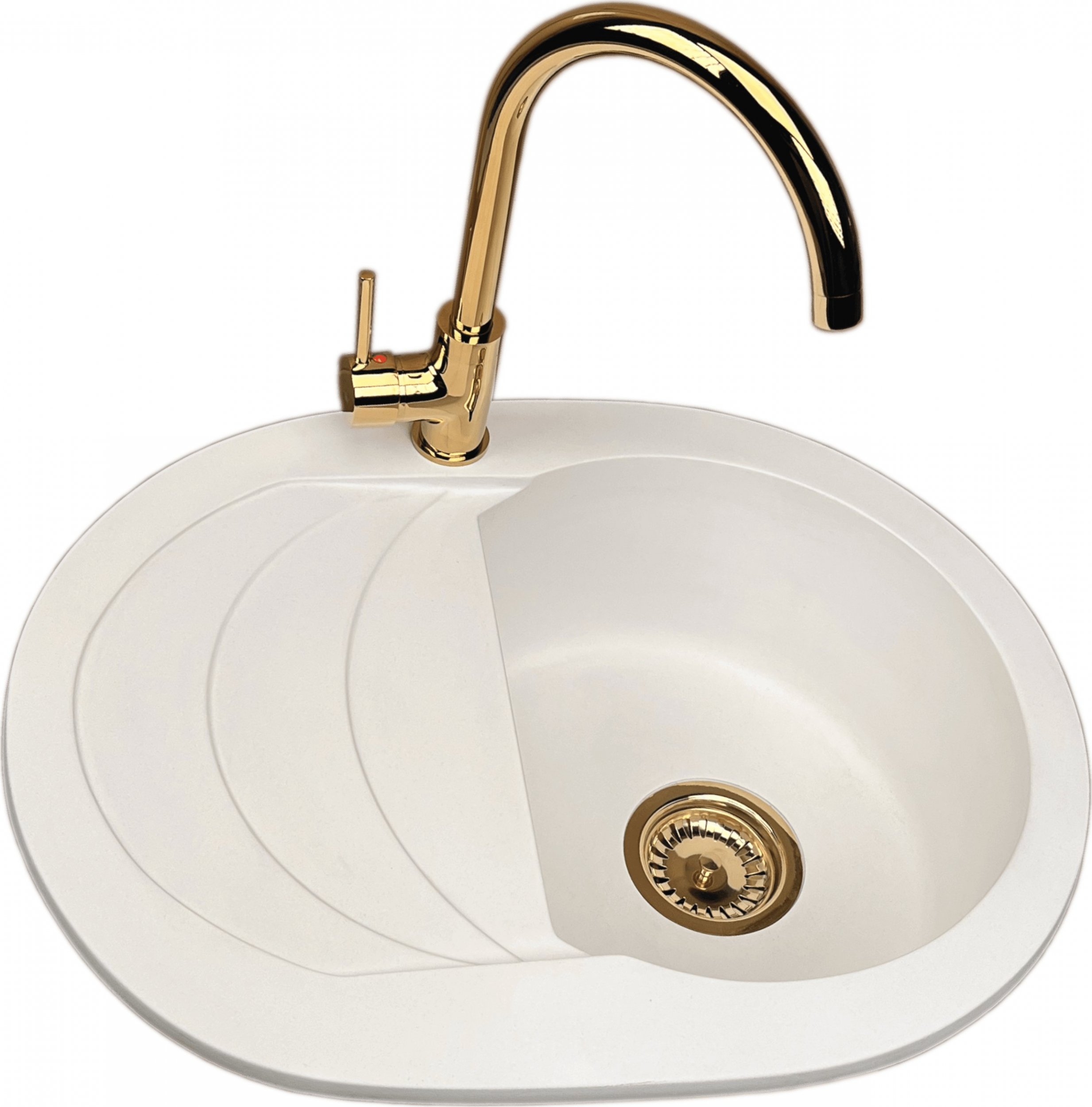 Zlewozmywak PREHNIT copy of Zlewozmywak jednokomorowy z ociekaczem VIGOR biały z lewym ociekaczem + bateria VERVO złota