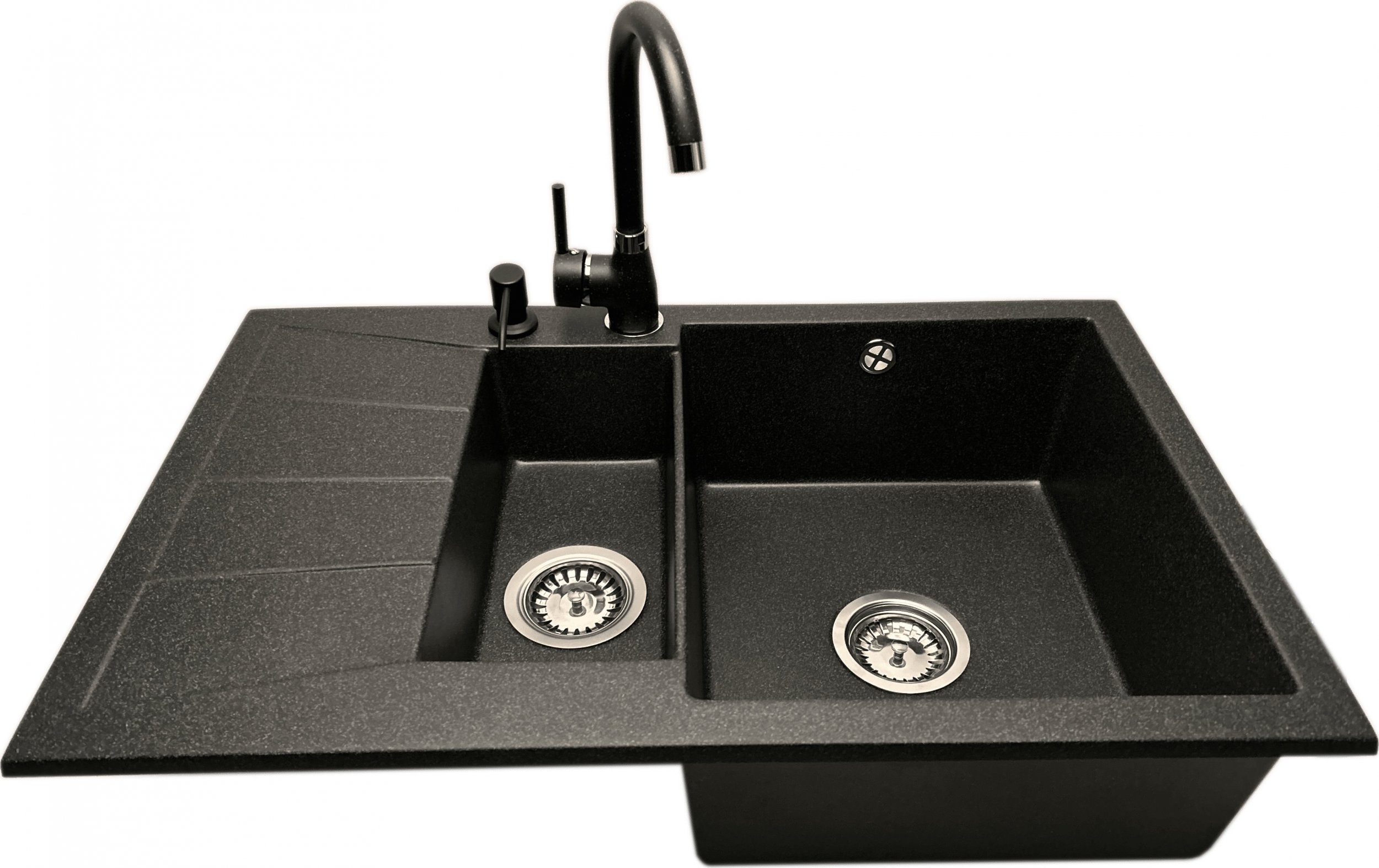 Zlewozmywak PREHNIT Zlewozmywak 1,5 komorowy z ociekaczem MILOS grafit z lewym ociekaczem + bateria NOON + dozownik