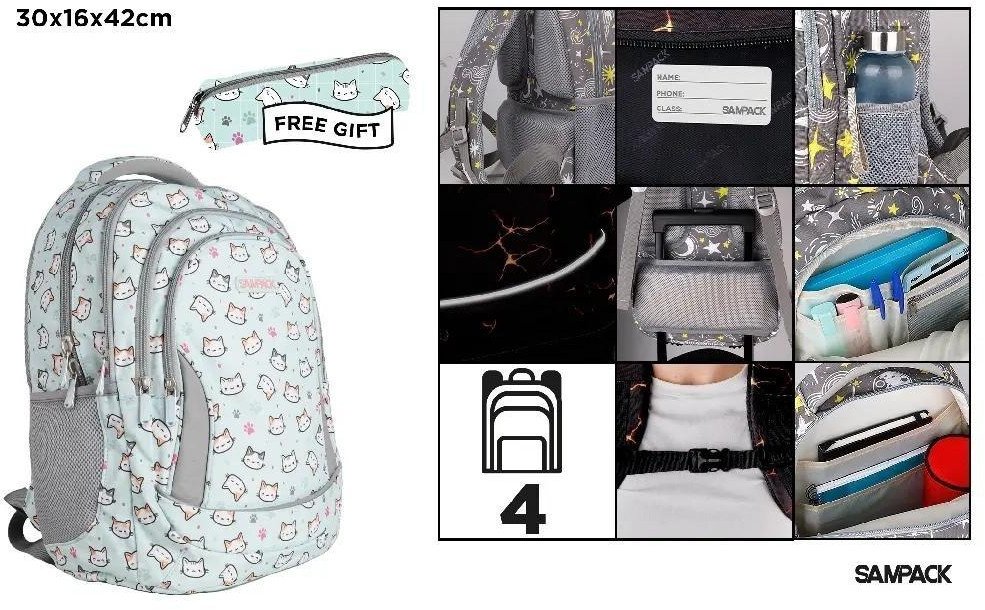 Plecak czterokomorowy 30x16x42cm + piórnik