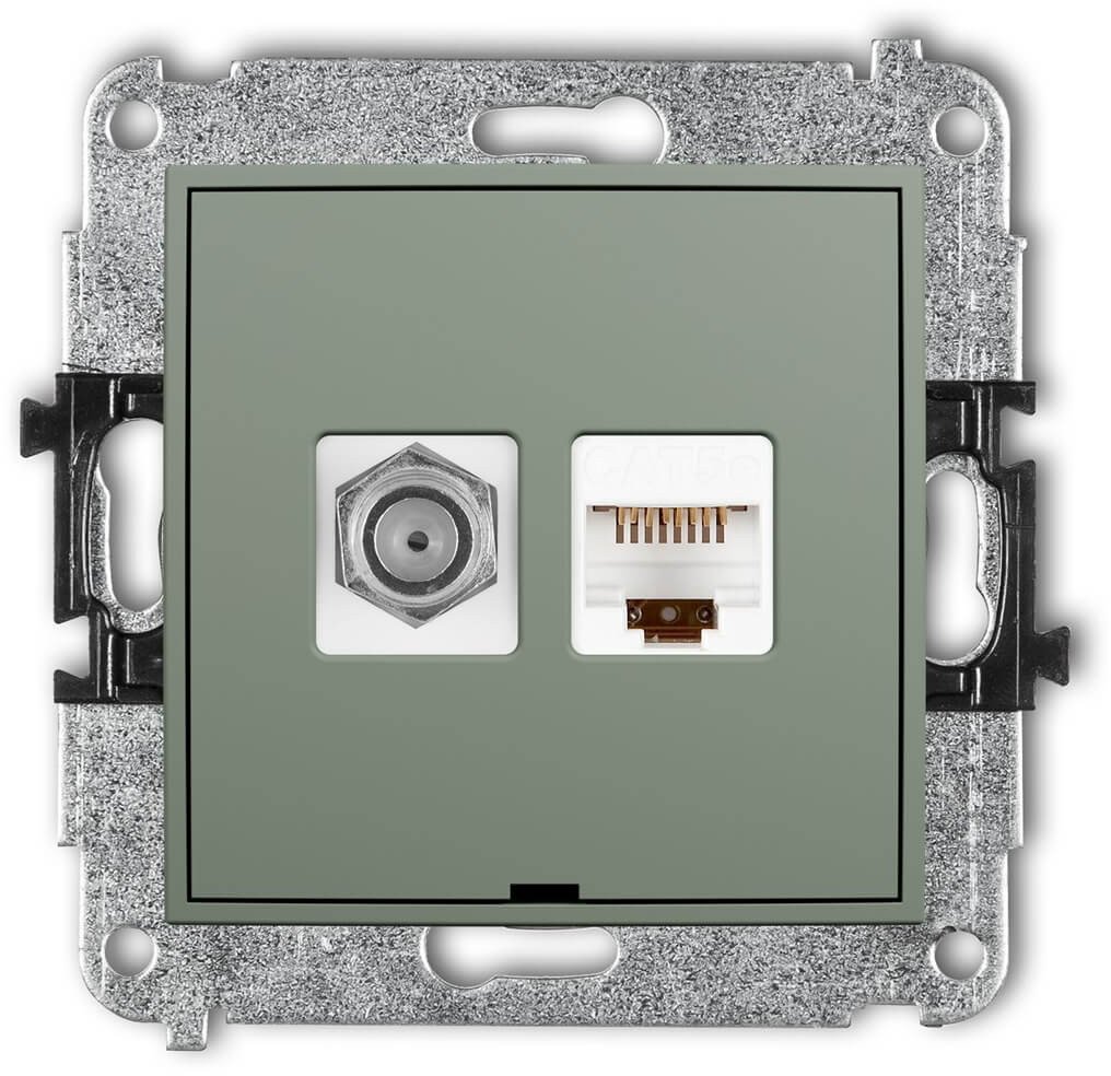 MINI Mechanizm gniazda antenowego poj. typu F (SAT) + gniazda komp. 1xRJ45, kat. 5e, 8-stykowy, bez opisu szałwiowy 61MGFKBO-1