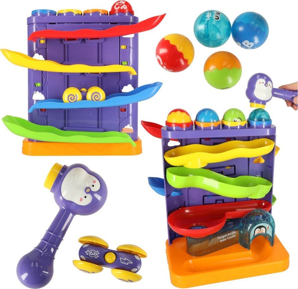 Woopie Interaktywny tor kulkowy 3w1 kulodrom wbijak kulek z młoteczkami pingwin + autko
