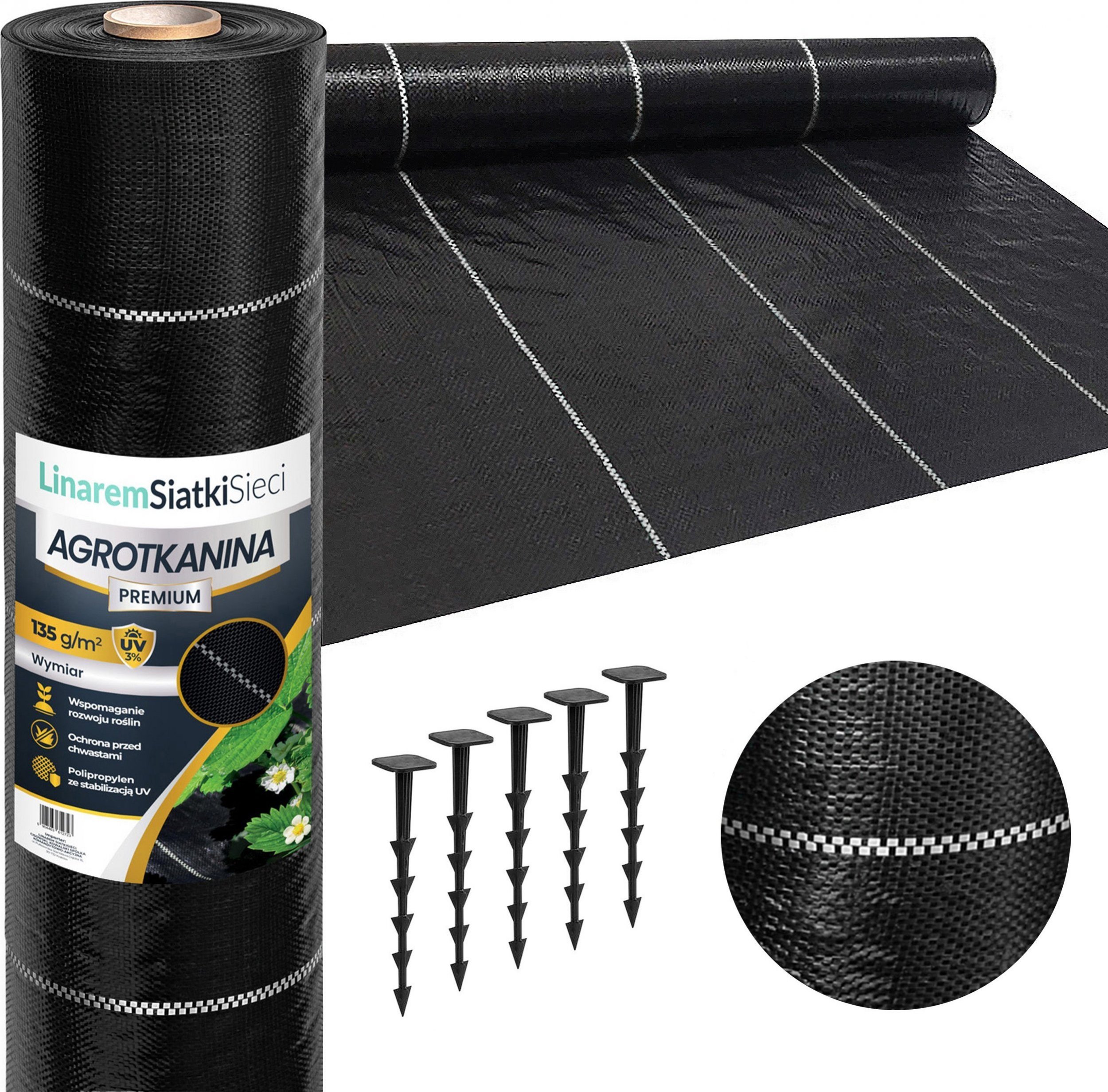 Linarem SiatkiSieci AGROTKANINA 135G 1,6x50m PREMIUM UV 3% AGROWŁÓKNINA MATA CZARNA + KOŁKI