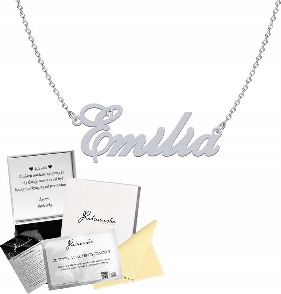 Radziszewska Jewellery Naszyjnik Srebrny z imieniem Emilia Łańcuszek Srebro 925 DEDYKACJA GRATIS