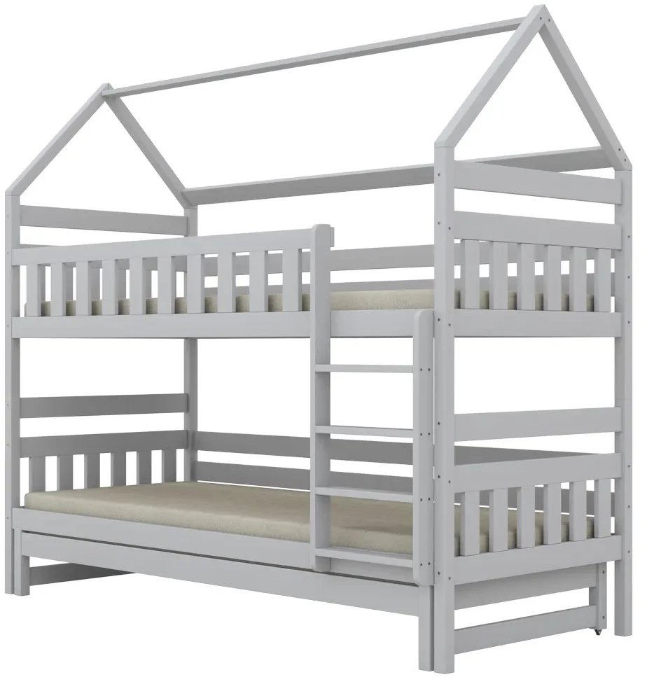 Łóżko piętrowe domek FELIKS 160x80 białe drewniane trzyosobowe KOCOT KIDS