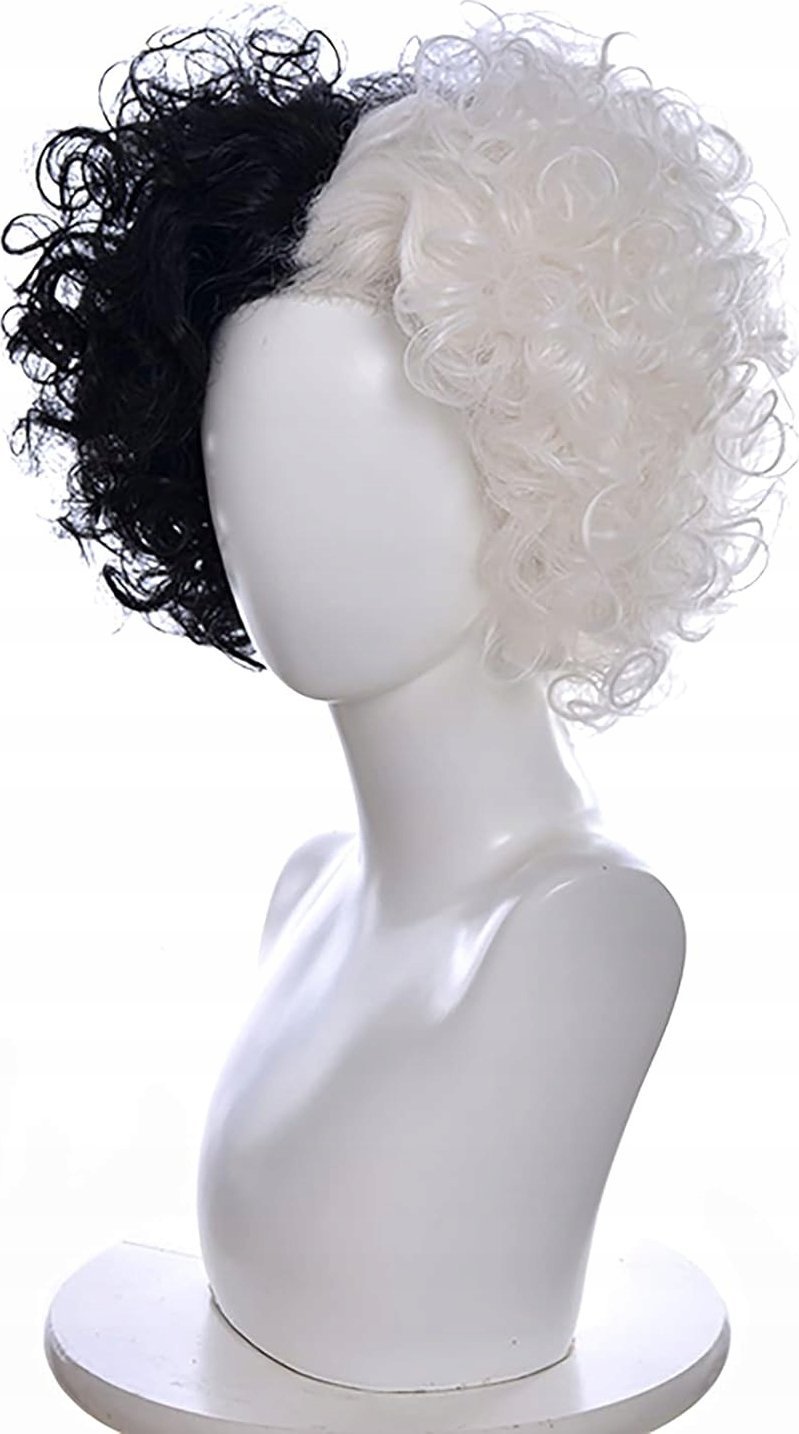 Korbi PERUKA WŁOSY CRUELLA DE MON BIAŁO CZARNA NA SIATCE W79