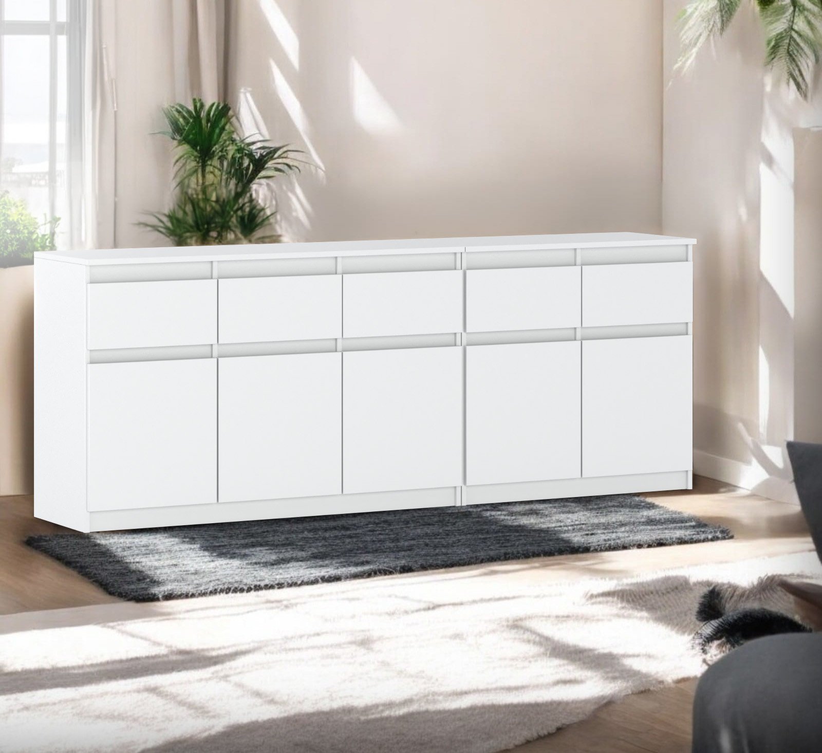 Komoda Biała Połysk Glamour Duża Pojemna Szafka 6 Szuflad Nowoczesna 240cm