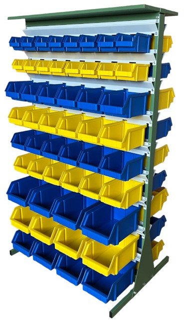 Leomar Regał do pojemników warsztatowych, dwustronny. Wym: 1690x940x650mm 104 pojemników - różne (pojemniki z pojemnikami)