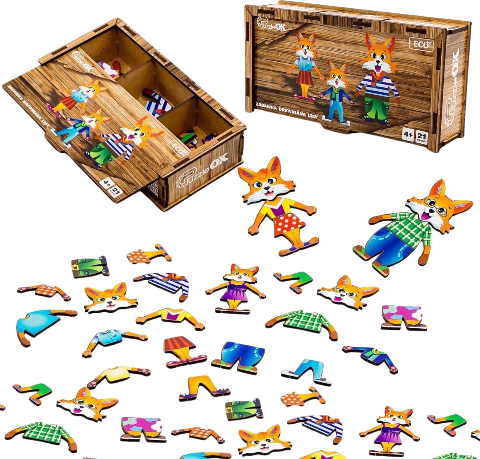 Drewniana Układanka Łamigłówka Puzzle Lisy Elementy Klocki Kształty 21 El. Puz-42121