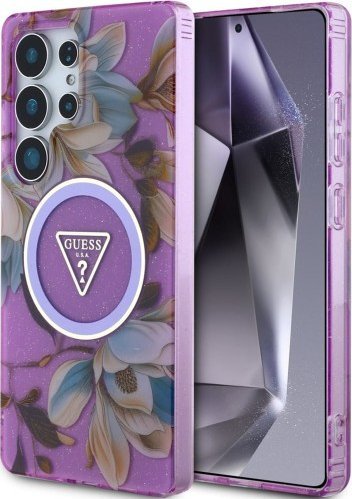 Guess Glitter Flowers Triangle Buttons MagSafe Case for Samsung Galaxy S25 Ultra purple
